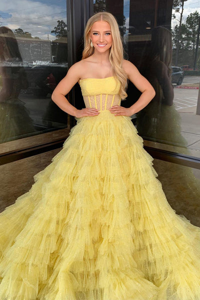 A-Line Strapless Yellow Sequins Tulle Long Prom Dresses AB4030701