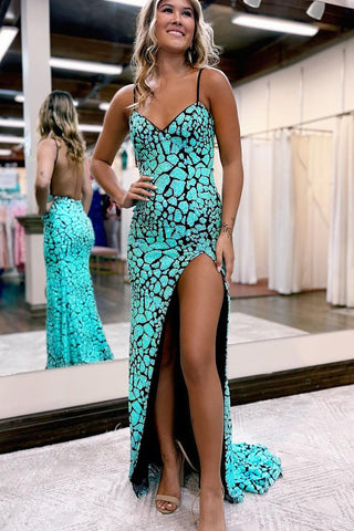 Cute Sparkly Mermaid V Neck Mint Sequins Long Prom Dress with Slit AB100601