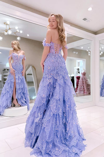 Gorgeous Ball Gown Off the Shoulder Lavender Tiered Sequins Lace Prom Dress with Slit AB25022312