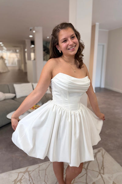 Simple A Line Strapless Satin Short Wedding Dress AB26102810