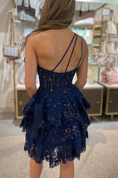 Cute A Line One Shoulder Navy Blue Sequins Lace Short Homecoming Dresses AB072203