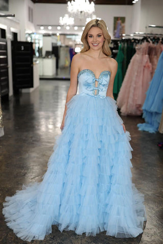 A-Line Sweetheart Light Blue Ruffle Tiered Long Prom Dress with Beading AB4021903