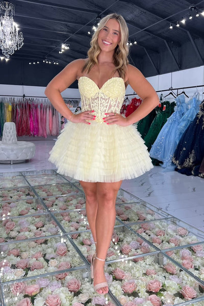 A Line Sweetheart Daffodil Tulle Homecoming Dress with Appliques AB26080905