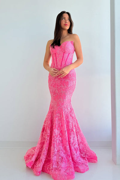 Mermaid Strapless Pink Lace Long Prom Dresses AB25032905