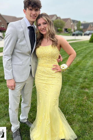 Cute Mermaid Scoop Neck Yellow Tulle Long Prom Dresses with Appliques AB061819