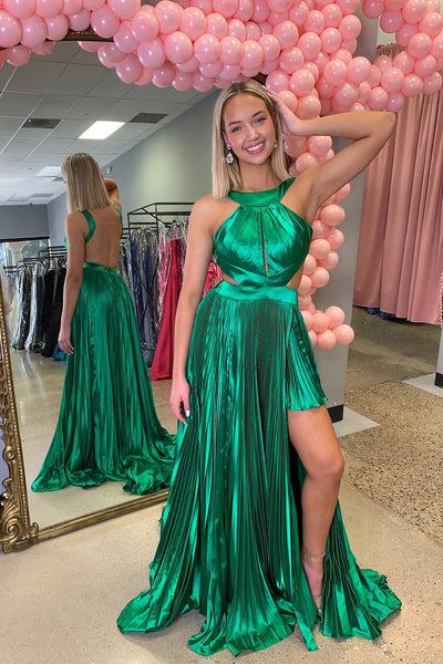 A-Line Halter Pleated Satin Long Prom Dresses with Slit AB25031605