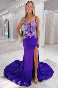 Charming Mermaid V Neck Purple Satin Long Prom Dresses with Appliques AB25050210