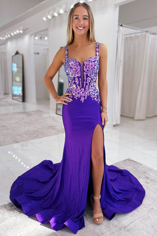 Charming Mermaid V Neck Purple Satin Long Prom Dresses with Appliques AB25050210