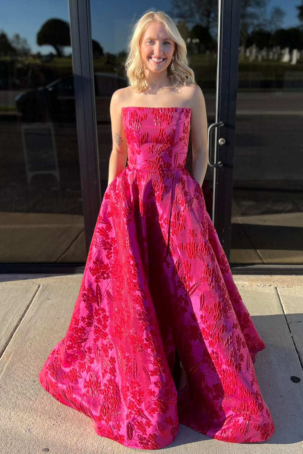 Cute A Line Sweetheart Jacquard Satin Red Long Prom Dress with Pockets AB24120405