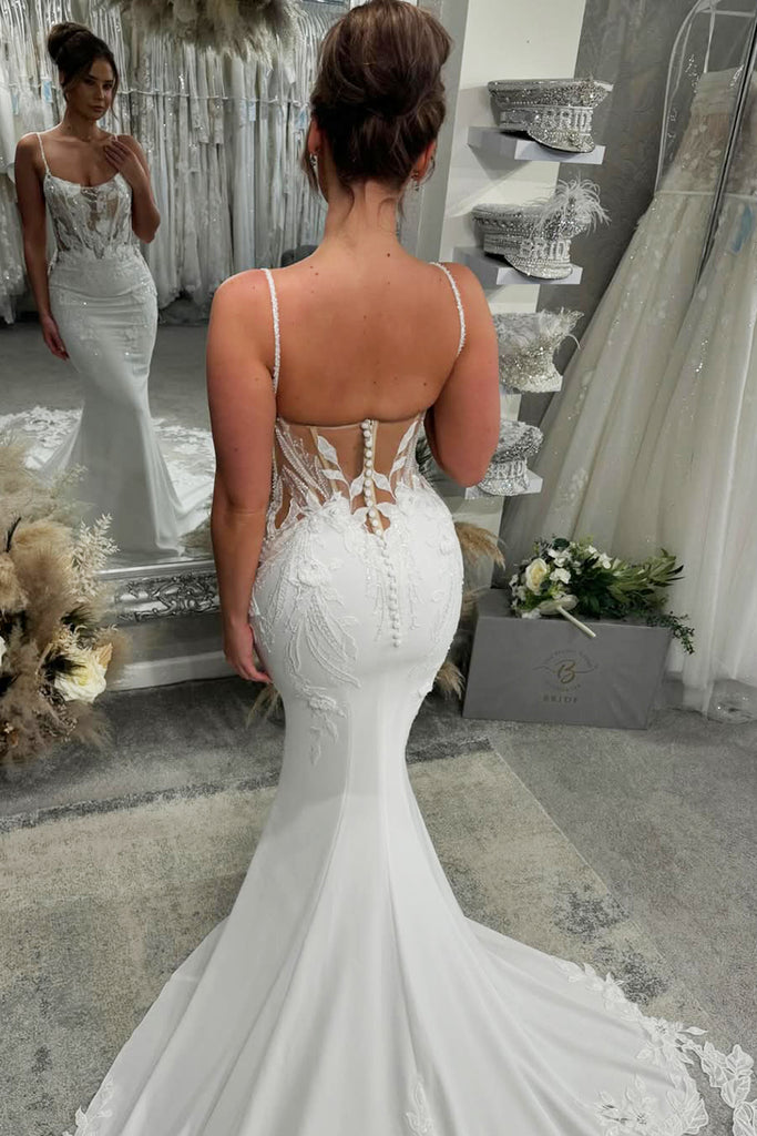mermaid scoop wedding dress Simple Mermaid Scoop Neck Backless Satin Wedding Dresses