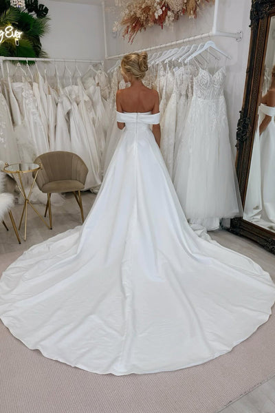 Ball Gown Off the Shoulder Heavy Satin Wedding Dress with Slit AB05060801