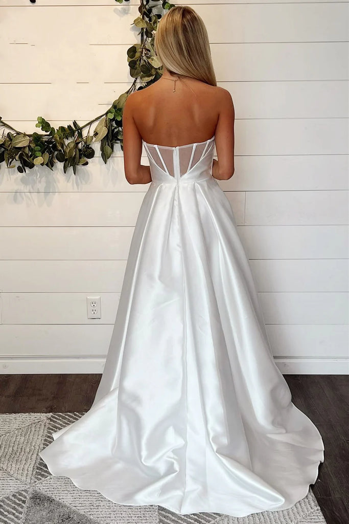 Simple A Line Cowl Neck Satin Long Slit Wedding Dresses AB24101904 Anniebride Simple A Line Cowl Neck Satin Long Slit Wedding Dresses AB24101904 Anniebride