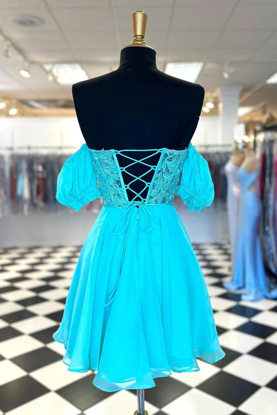 Cute A Line Sweetheart Blue Chiffon Short Homecoming Dresses with Appliques AB080701