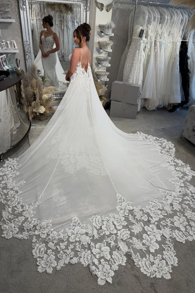 Elegant Mermaid V Neck Elastic Satin Wedding Dress with Appliques AB26060101
