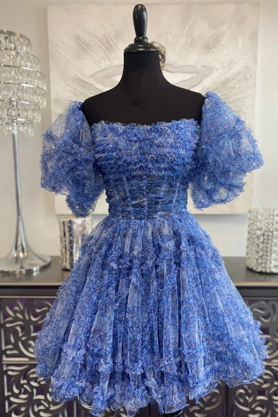 Cute A Line Strapless Tulle Short Homecoming Dresses with Ruffled Sleeves ABHC061853