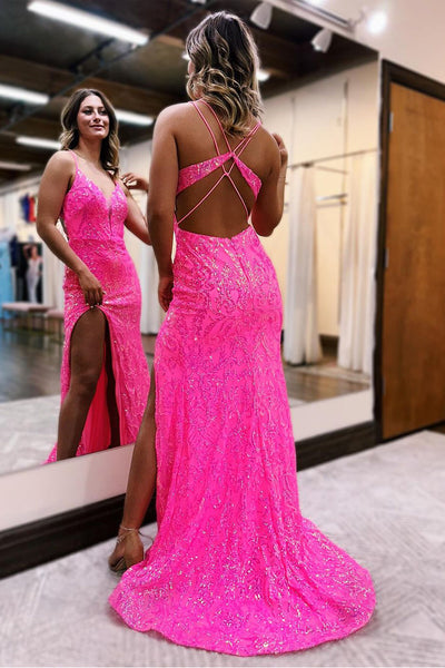 Mermaid V Neck Pink Sequins Lace Long Prom Dress with Slit AB4042901