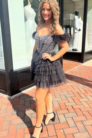 Cute Bodycon Off the Shoulder Black Sparkly Tulle Short Homecoming Dresses with Beading AB092409