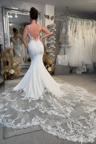 Gorgeous Mermaid V Neck Satin Wedding Dress with Appliques AB26022809