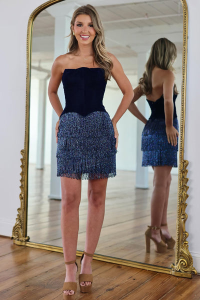 Unqiue Strapless Navy Short Homecoming Dress with Beading AB26062810