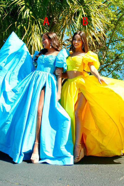 Cute Sweetheart Two Piece Yellow Satin Long Prom Dress AB4051603