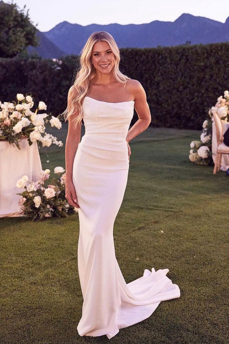 Elegant Mermaid Strapless Elastic Satin Long Wedding Dress with Button AB25053101