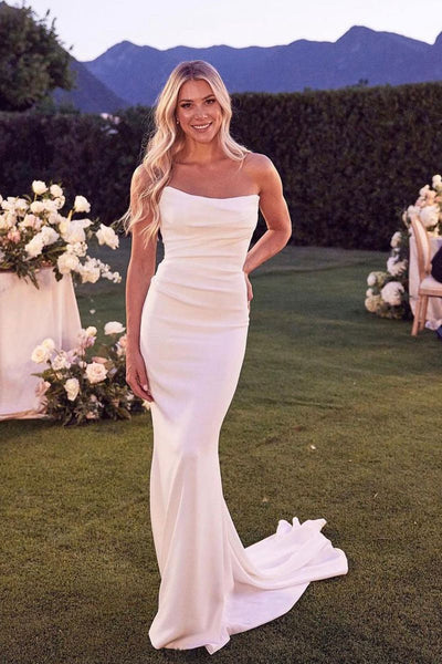 Elegant Mermaid Strapless Elastic Satin Long Wedding Dress with Button AB25053101