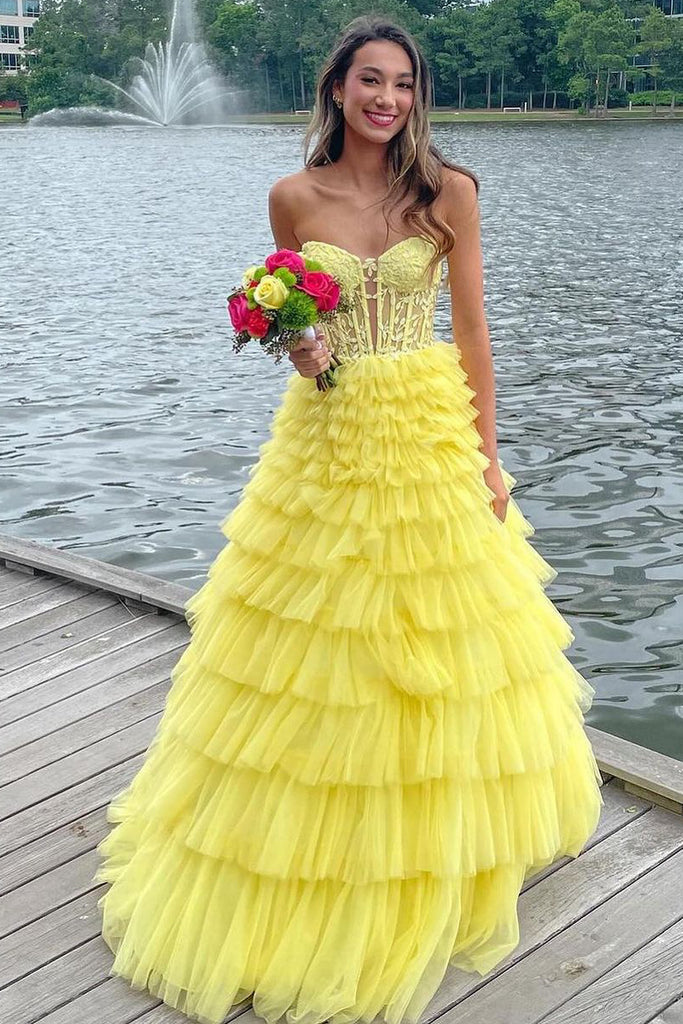もらって 嬉しい お歳暮 ランキング Strapless A-Line Charming Yellow Long Tulle Tiered Ruffle スーツ・フォーマル・ドレス