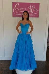 Fairy A Line Sweetheart Blue Chiffon Tiered Slit Prom Dress AB25092703