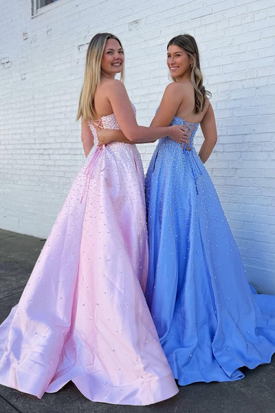 Cute A Line Strapless Pink Satin Prom Dress with Pearls Beading AB26040516