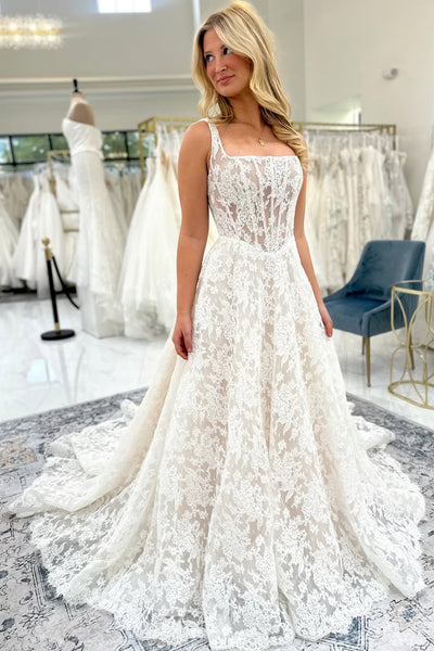 Ventage A Line Square Neck Lace Ivory Tulle Wedding Dress AB26022403