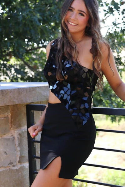 Cute Bodycon One Shoulder Black Satin Short Homecoming Dresses with Beading AB24092301
