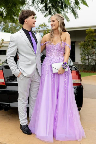 Cute A Line Sweetheart Lavender Tulle Prom Dress with Appliques AB25052831