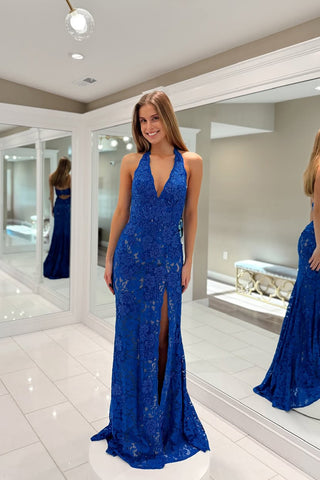 Charming Mermaid V Neck Royal Blue Lace Prom Dress AB25101702