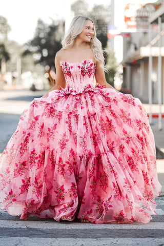 Cute A Line Scoop Neck Chiffon Floral Tiered Long Prom Dress with Bow AB25012702
