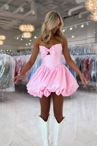 Cute A Line Strapless Pink Satin Homecoming Dress with Bow AB26061510