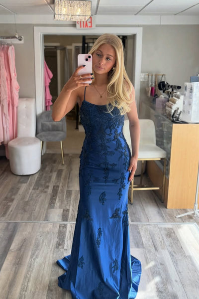 Cute Mermaid Scoop Neck Navy Satin Prom Dress with Appliques AB26012413