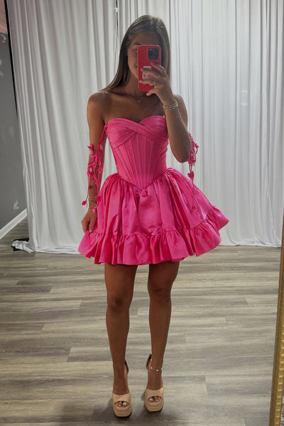 Cute A Line V Sweetheart Hot Pink Satin Homecoming Dress AB26070508