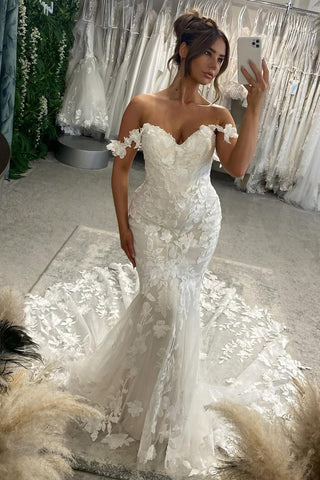 Fashion Elegant Mermaid Off the Shoulder Lace Wedding Dresses with Train AB25050202