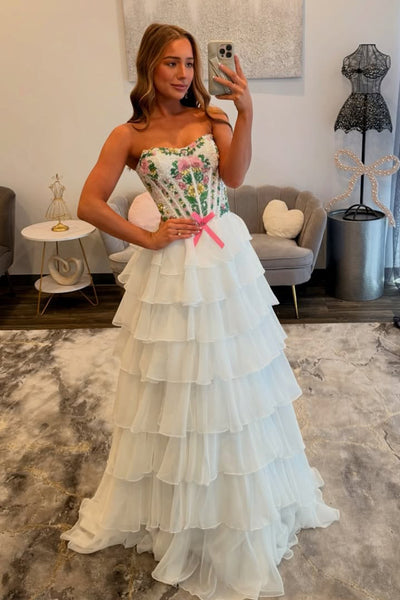 Gorgeous A Line Strapless White Tulle Prom Dress with Beading AB26032204