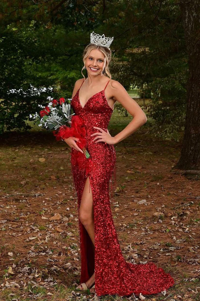 Sparkly Dark Red Prom Dresses Dark Red Sequins Side Slit Long Evening Prom Dresses, Sparkly Custom Sparkly Dark Red Prom Dresses Dark Red Sequins Side Slit Long Evening Prom Dresses, Sparkly Custom