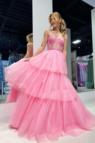 Cute A Line Sweetheart Tiered Tulle Pink Prom Dress AB4050402