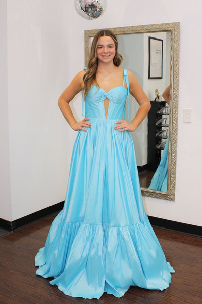 Cute A Line Sweetheart Light Blue Satin Prom Dress AB26032805
