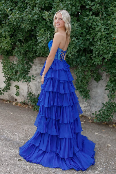 Gorgeous A Line Scoop Neck Royal Blue Tiered Chiffon Prom Dress with Hot Stone AB25112202