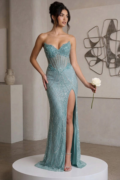 Luxurious Mermaid V Neck Hot Fix Sequins Lace Prom Dress with Slit AB26102811