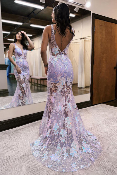 Sparkly Mermaid V Neck Lavender Sequins Lace Long Prom Dresses with Slit AB091103