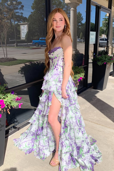 Cute A Line Sweetheart Lavender Floral Chiffon Tiered Prom Dress with Slit AB25112206