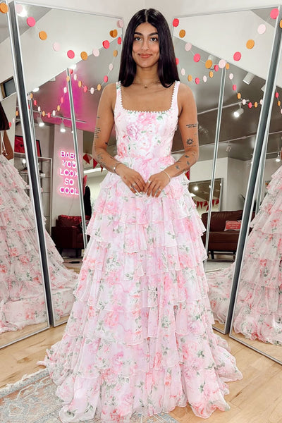 Cute A Line Square Neck Floral Chiffon Long Prom Dress AB26033007
