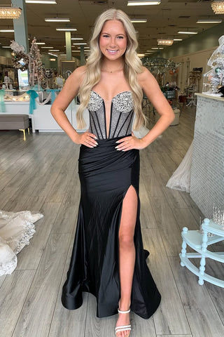 Cute Mermaid V Neck Black Satin Long Prom Dress with Beading AB25010207
