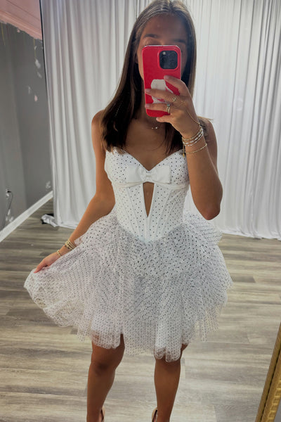 Cute A Line Sweetheart White Black Dot Tulle Homecoming Dress AB26070701