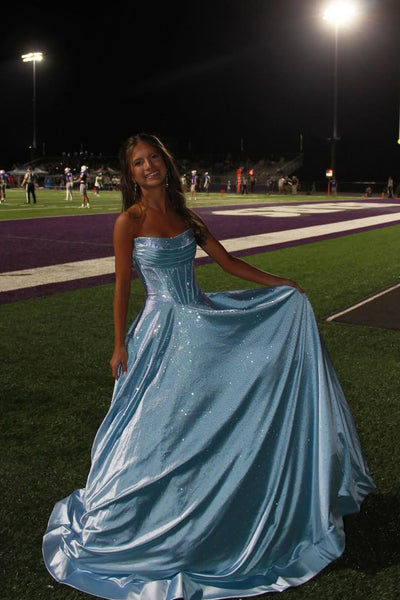 Gorgeous A Line Scoop Neck Light Blue Satin Long Prom Dress with Rhinestones AB25100705